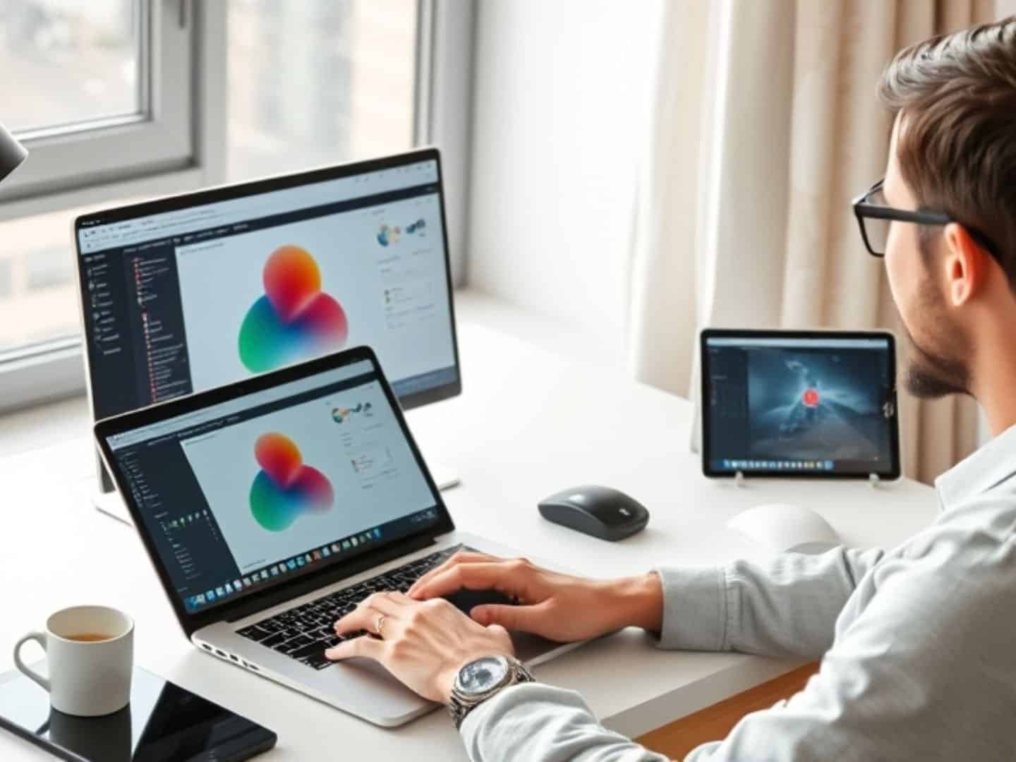 Freelancer working remotely with laptop and tablet